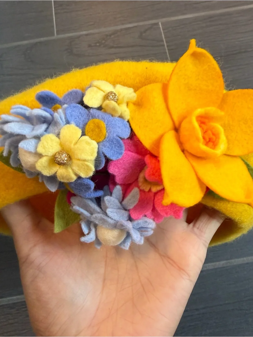 Yellow Felt Flower Cluster Women's Beret
